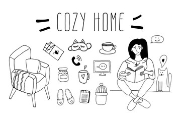 Cute vector hand drawn doodle set about Cozy Home, girl with cat. Positive doodle icons, home elements. Isolated on white background.