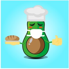 Cute half avocado baker cartoon face character with hat and bread image design