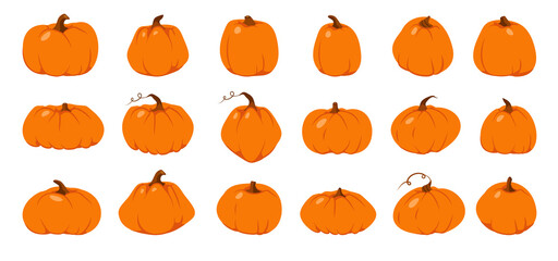 Set of Autumn pumpkin flat icon. Symbol Thanksgiving and Halloween. Cartoon different shape orange gourd. Gather farm harvest, season crop capacity. Ripe vegetable squash. Isolated vector illustration