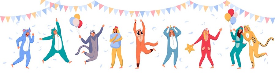 Pajama party. Happy people wearing animal costume onesies, celebrating holiday. Young men, women cartoon characters in kigurumi having fun at pajama party with garland, balloons and flying feathers - obrazy, fototapety, plakaty