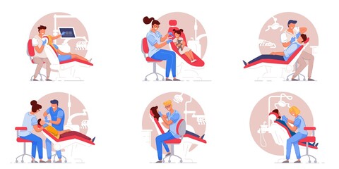 Patient in dentist chair. Doctor specialist examining or treating patient teeth set. People in chair visiting dentist in dental clinic office collection. Stomatology, healthcare and dentistry concept