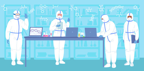 Scientist in lab, protective suits, mask. Flat cartoon chemical laboratory research. Discovery concept vaccine from coronavirus. Scientists flasks, microscope, computer working antiviral development.