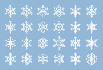 Snowflakes flat set. Different shape snow icons. Winter ice crystal. Christmas symbol ornament. Frost Xmas. Decorative elements for greeting card or New Year banner. Isolated vector illustration