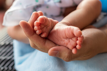 Both feet of a newborn baby child and female hand.