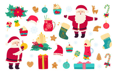 Christmas and New Year set. Holly, cupcake, cup, hat, santa and cookies gift, lollipop candle, mistletoe. Flat cartoon design. New year, christmas objects collection. Isolated vector illustration