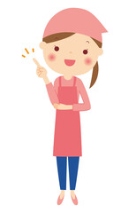 ポイント！と指差しするエプロン姿の女性　全身　イラスト