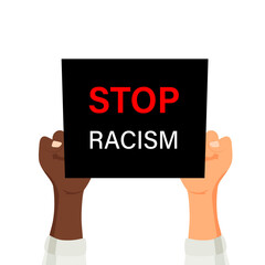 Say no to racism quote vector design. Skin color difference handwritten lettering phrase, different skin tones from light to dark and raised arm, fight fist gesture.
