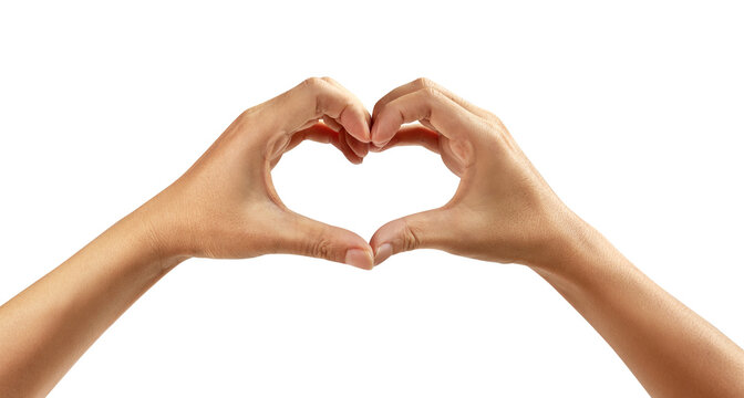 Female hands shaping a heart symbol on white background.
