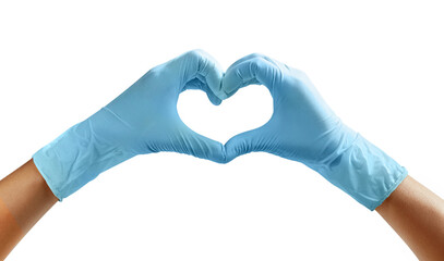 Fototapeta premium Hands of a nurse in blue latex gloves. The heart is made of hands.
