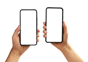 Obraz na płótnie Canvas Hand holding the black smartphone with blank screen and modern frameless design isolated n white background.
