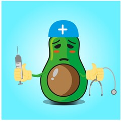 Cute half avocado doctor cartoon face character with sthethoskop and syringe image design