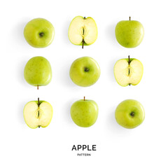 Seamless pattern with green apples. Fruits abstract background. Apple on the white background.