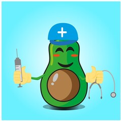 Cute half avocado doctor cartoon face character with sthethoskop and syringe image design
