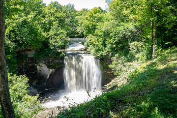 View of the upper falls of Minneopa Falls waterfall at Minneopa State Park in Mankato Minnesota