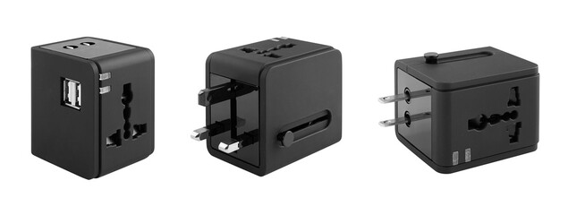Different views of universal adapter isolated on white with clipping path
