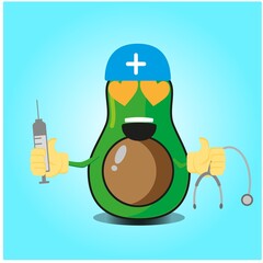 Cute half avocado doctor cartoon face character with sthethoskop and syringe image design