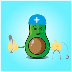 Cute half avocado doctor cartoon face character with sthethoskop and syringe image design