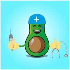 Cute half avocado doctor cartoon face character with sthethoskop and syringe image design