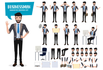 Business man character create kit vector set. Businessman characters friendly male office employee editable creation of face, hand and body gestures and movement with isolated body parts.