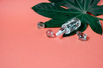 Hyaluronic acid Dropper transparant glass Bottle. Skincare and health concept top horizontal view