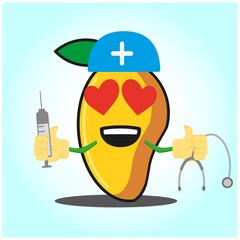 Cute mango doctor cartoon face character with sthethoskop and syringe image design