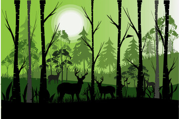 in the forest .Vector flat with wild forest: trees, bush and deer animal isolated on green background.