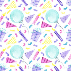 Seamless pattern birthday elements watercolor, party background. Happy birthday, Baby shower. Invitation card. Party, confetti, gift, balloon. Party celebrations accessories. 