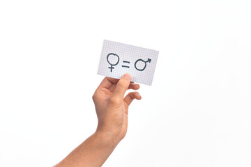 Cardboard banner with female and male symbol, women and men are equal message over isolated white background