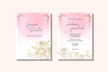 Set of invitation card with watercolor and gold roses