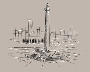 Monas national monument in jakarta indonesia icon.sketch hand drawing flat vector illustration.