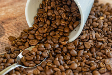 coffee beans background  with white coffee mug