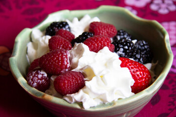 berries and whip cream in a bowl ready to eat