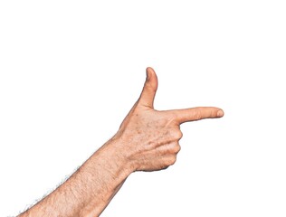 Hand of caucasian middle age man over isolated white background pointing forefinger to the camera, choosing and indicating towards direction