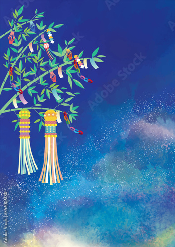 七夕 星空 星 夜空 背景 七夕飾り フレーム 枠 笹 短冊 願い事 飾り 折り紙 August Wall Mural Augu Okaka08