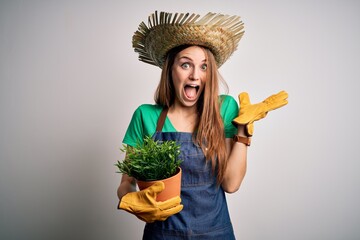 Young beautiful redhead farmer woman wearing apron and hat holding plant pot very happy and...