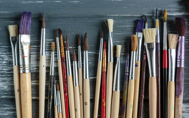 Obraz premium Close up of artist paint brushes, palette and watercolors on grunge gray wooden background. Set of multicolored paints.