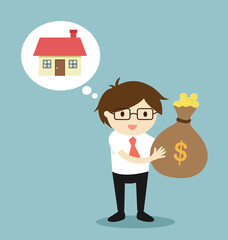 Business concept, Businessman is thinking about buy the house. Vector illustration.