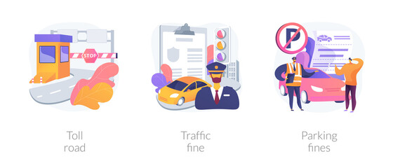 Fototapeta premium Driving rules violation abstract concept vector illustration set. Toll road, traffic and parking fine, tollway fee, speeding ticket, no parking zone, penalty notice, pass card abstract metaphor.
