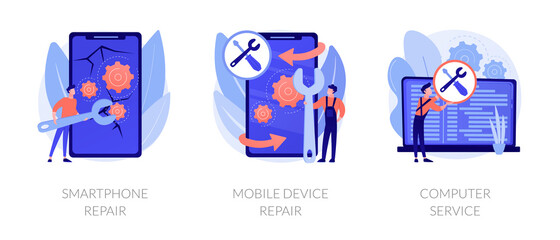 Broken gadget, portable electronics maintenance, laptop bug diagnostic. Smartphone repair, mobile device repair, computer service metaphors. Vector isolated concept metaphor illustrations.