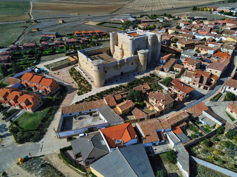 
Castle in Palencia. Aerial view in Fuentes de Valdepero. Spain. Drone Photo
