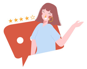 Young women give testimonial comments and positive ratings on the online application modern flat cartoon design.