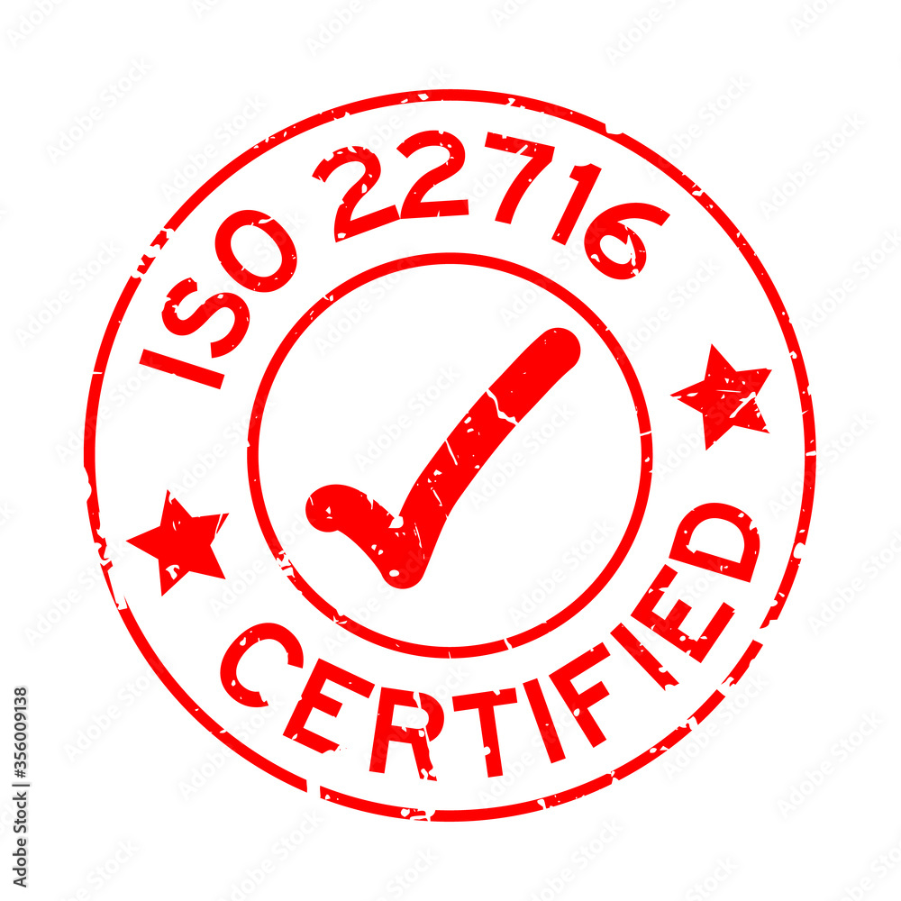 Sticker Grunge red ISO 22716 certified with mark icon round rubber seal stamp on white background