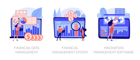 Finance statistics analysis automation. Financial data management, financial management system, innovation management software metaphors. Vector isolated concept metaphor illustrations