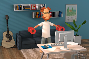 3d illustration. The guy does exercises with dumbbells in front of the computer. Physical education at home. 3d modeling