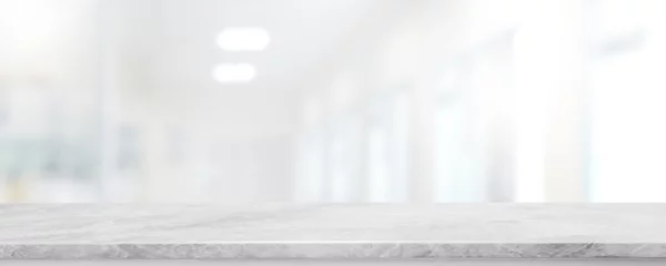 Foto op Plexiglas Lege witte marmeren stenen tafelblad en vervagen glazen raam interieur lobby en hal manier banner mock up abstracte achtergrond - kan worden gebruikt voor weergave of montage van uw producten. © bunditinay