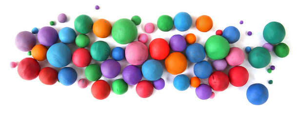 Abstract  colorful plasticine balls isolated on white background. Many balls made of modeling clay,.