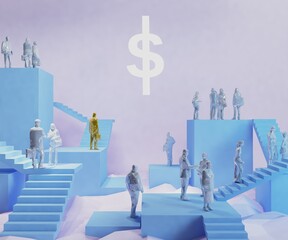 Working for money and dividends are what people want. Stairways. Different paths. Each person leads to the same destination. 3D rendering, illustration