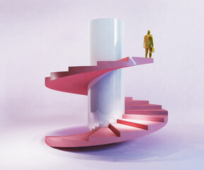spiral staircase shows the steps up until reaching the dead end.3d rendering, illustration