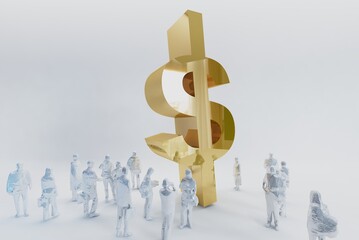 Abstract illustration of money symbols with people clinging to it. 3d rendering , illustration