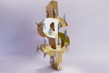 Abstract illustration of money symbols with people clinging to it. 3d rendering , illustration